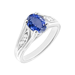 1.50 karaat blauwe ovale saffier en ronde diamanten gouden ring 14K