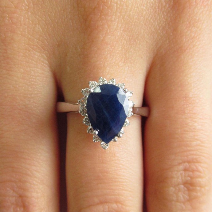 1.75 ct blauwe peer geslepen saffier met diamanten ring dame goud