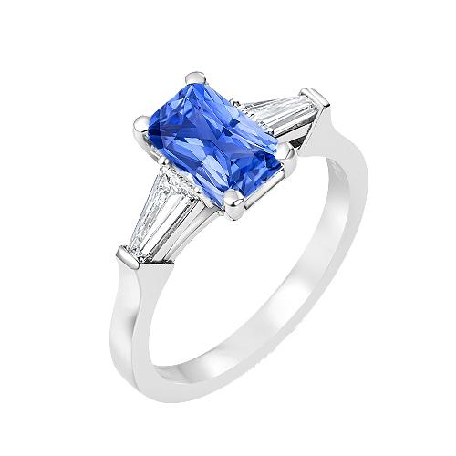 2 karaat dames sieraden blauwe saffier ring taps toelopende stokbrood 3 steen