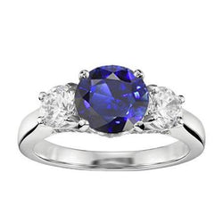 2 karaat drie stenen ring ronde natuurlijke blauwe saffier en diamanten