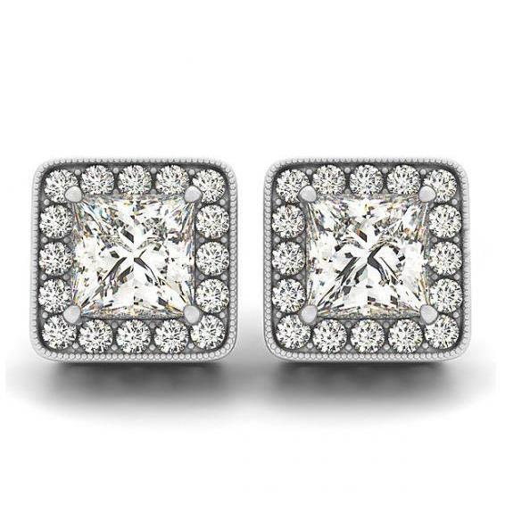 2 karaat prinses & ronde diamanten Halo oorknopjes wit goud 14K - harrychadent.nl