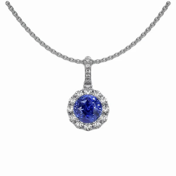 2 karaat ronde blauwe saffier & diamanten hanger ketting 14K goud - harrychadent.nl