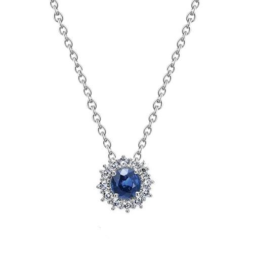 2 karaat ronde saffier en diamanten dames ketting hanger goud wit