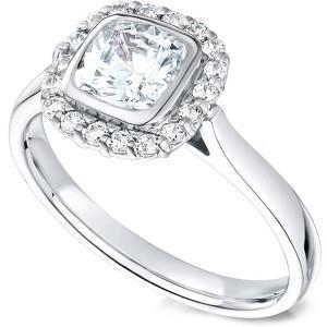 2,00 ct, Halo Diamonds Ring Kussen & Ronde Diamant WG 14K Bezel Set