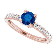 Afbeelding in Gallery-weergave laden, 2,50 karaats ring rosé goud 14k diamant en ronde blauwe saffier
