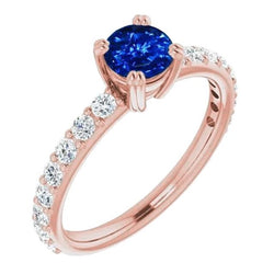 2,50 karaats ring rosé goud 14K diamant en ronde blauwe saffier