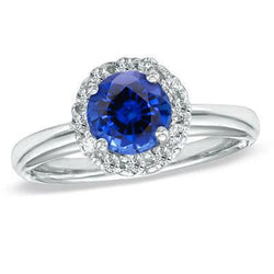 2.10 Karaat Ronde Ceylon Blauwe Saffier En Diamanten Ring Wit Goud 14K