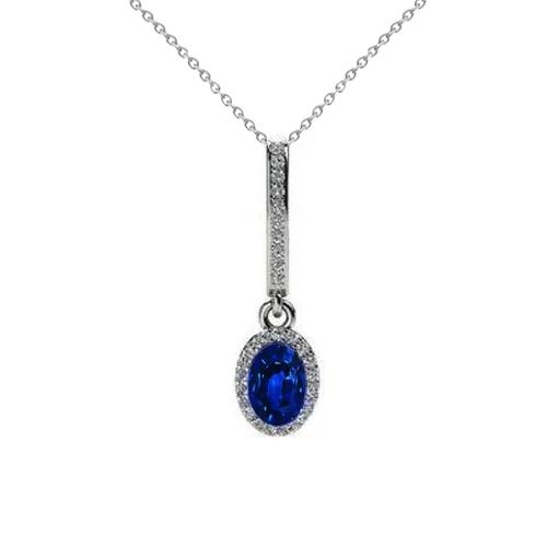 2.15 ct. blauwe ovale saffier hanger halo diamanten halsketting