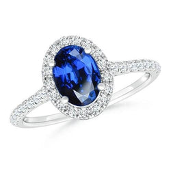 2.25 karaat ovale blauwe saffier en diamanten trouwring wit goud 14K