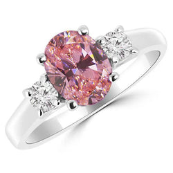2.50 karaat ovale roze saffier diamant 3 stenen ring wit goud 14K