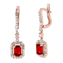2.70 Ct Emerald Cut Red Ruby en Diamond Dangle Earring Rose Gold