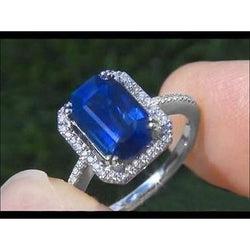 2.70 karaat blauwe smaragd geslepen saffier met diamanten ring 14K witgoud