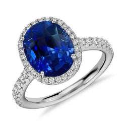 2.90 karaat ovale blauwe saffier & ronde diamanten verlovingsring WG 14K