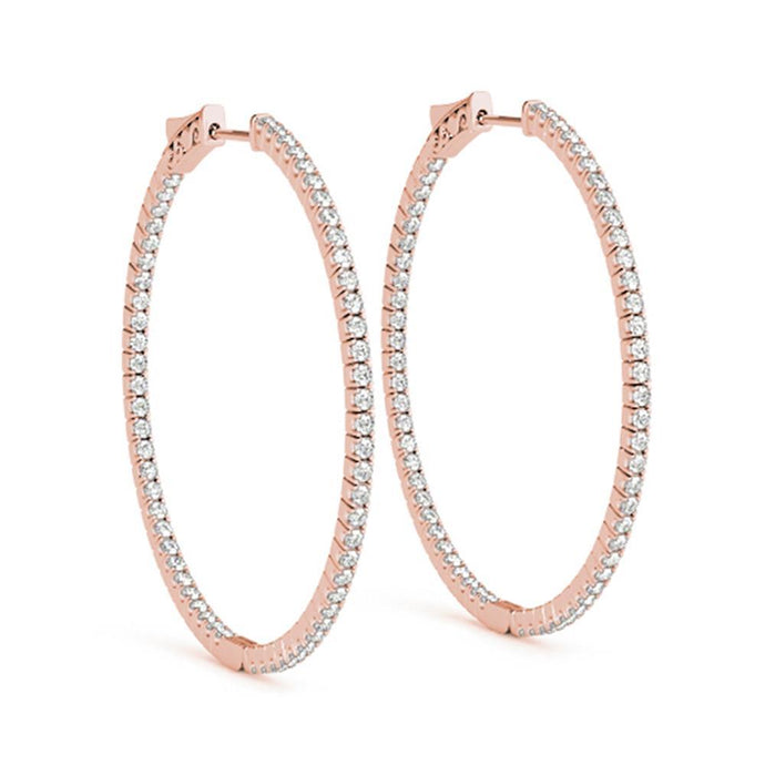 2 inch Grote Binnenstebuiten Echt Diamanten Hoepel Oorbellen Rosé Goud