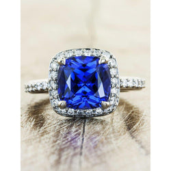 3 Ct Ceylon Sapphire Halo Diamond Trouwring Massief Wit Goud 14K