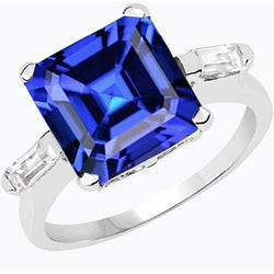 3 Stenen Baguette Diamanten Ring Asscher Ceylon Blauwe Saffier 4 Karaat