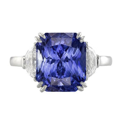 3 Stenen Ring Dubbele Prong Stralende Saffier 4 Karaat Halve Maan Diamanten