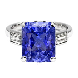 3 Stenen Ring Stralende Saffier & Baguette Diamanten 4 Karaat Wit Goud