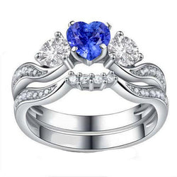 3 Stenen Trouwring Set Hart Blauwe Saffier & Ronde Diamanten 3 Karaat
