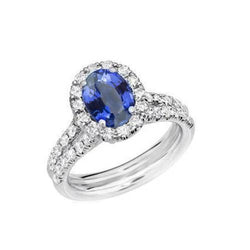 3 ct ovale blauwe saffier en ronde diamanten ring wit goud 14k