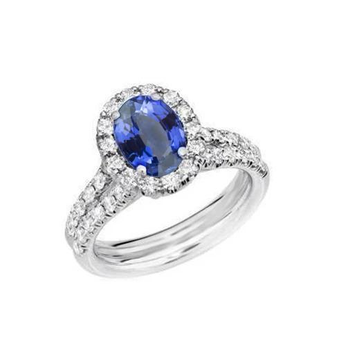 3 ct ovale blauwe saffier en ronde diamanten ring wit goud 14k - harrychadent.nl