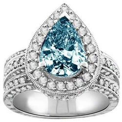3 ct. Ring met blauwe peer en witte ronde diamanten 14K edelsteen van wit goud