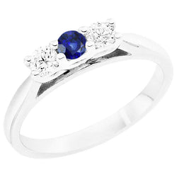 3 karaat diamanten 3 steen blauwe saffier ring taps toelopende schacht wit goud