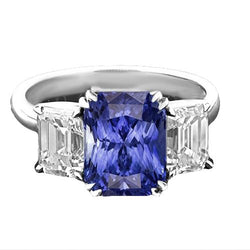 3 karaat drie stenen smaragd diamant & stralende vorm saffier ring