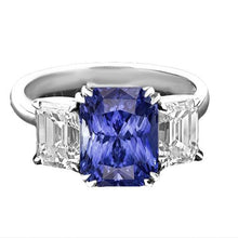 Afbeelding in Gallery-weergave laden, 3 karaat drie stenen smaragd diamant &amp; stralende vorm saffier ring - harrychadent.nl
