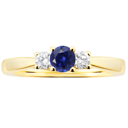 3 karaat ronde diamanten saffier ring 3 stenen taps toelopende schacht geel goud