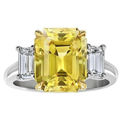 Trouwring met 3 stenen, 4.50 karaat gele saffier & natuurlijke uit de aarde gewonnen diamanten, 14K goud