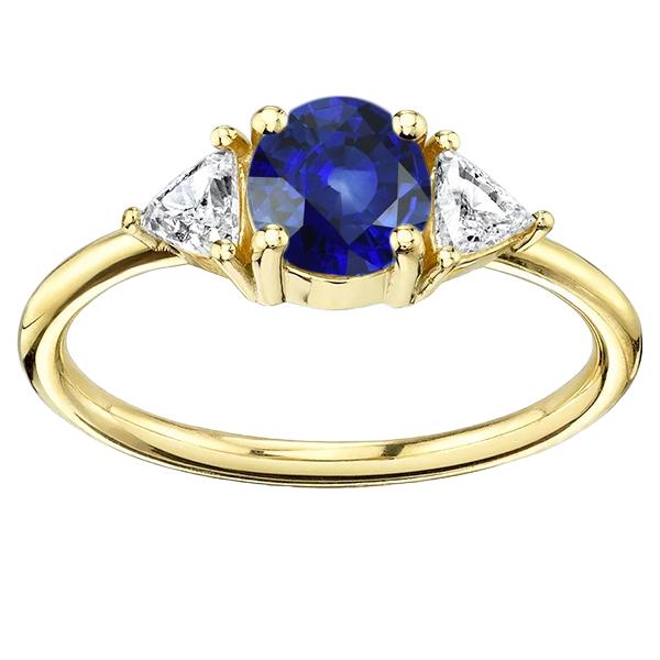 3 steen Trilliant diamanten ring 2 karaat geelgouden Ceylon saffier - harrychadent.nl