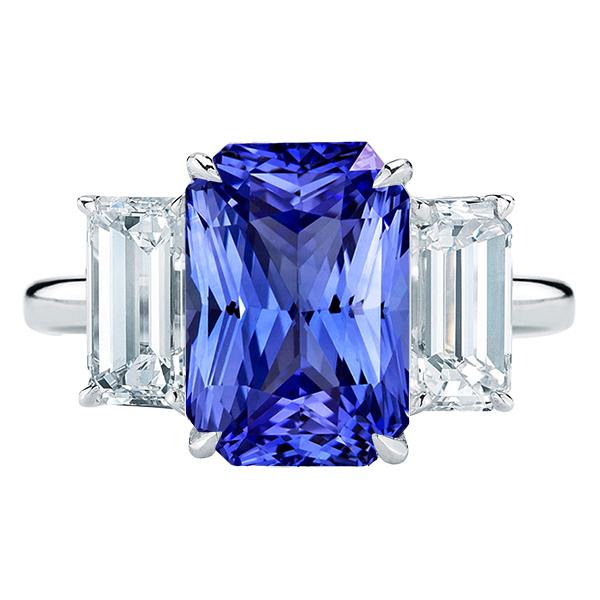 3 steen blauwe saffier ring smaragd geslepen diamanten prong set 5,50 karaat - harrychadent.nl