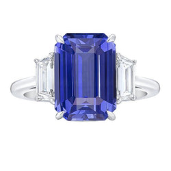 3 steen blauwe saffier ring smaragd & trapezium diamanten 3,50 karaat