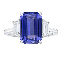 Afbeelding in Gallery-weergave laden, 3 steen blauwe saffier ring smaragd &amp; trapezium diamanten 3,50 karaat - harrychadent.nl
