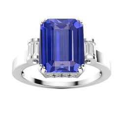 3 steen blauwe saffier smaragd ring 3 karaat bar set stokbrood diamanten
