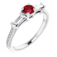 Afbeelding in Gallery-weergave laden, 3 steen diamanten robijn ring vintage stijl 2 karaats Milgrain sieraden - harrychadent.nl
