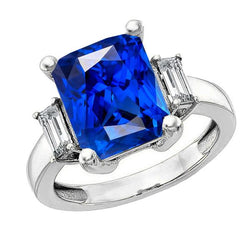 3 steen gouden stralende saffier ring rechte stokbrood diamanten 4 karaat