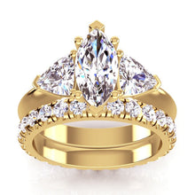 Afbeelding in Gallery-weergave laden, 3 stenen Marquise &amp; Trilliant Diamond Ring met bijpassende band geel goud
