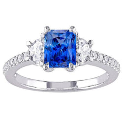 3 stenen halve maan diamanten blauwe saffier ring met accenten 3 karaat