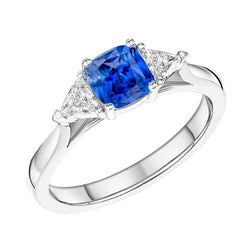 3 stenen kussen lichtblauwe saffier ring 1,50 karaat biljoen diamanten
