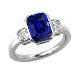 3 stenen kussen ring set blauwe saffier & diamanten ring 3,50 karaat