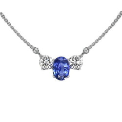 3 stenen ovale Srilankaanse saffier en ronde diamanten hanger 2 karaat