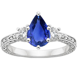3 stenen ring antieke stijl peer blauwe saffier en diamanten 3,50 karaat