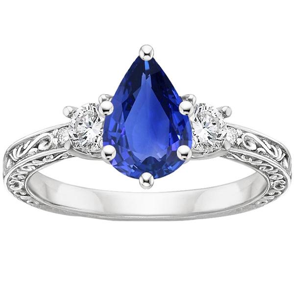 3 stenen ring antieke stijl peer blauwe saffier en diamanten 3,50 karaat - harrychadent.nl