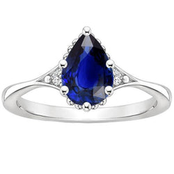 3 stenen ring gespleten schacht peer blauwe saffier en diamanten 3,25 karaat