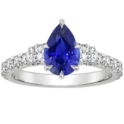 3 stenen ring met accenten peer blauwe saffier en diamanten 3,50 karaat