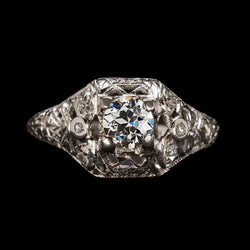 3 stenen ring rond oud geslepen diamant filigraan antieke stijl 1,75 karaat