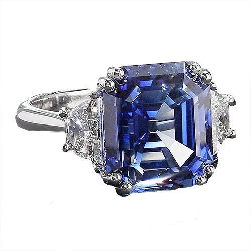 3 stenen ring trapezium diamanten met Asscher blauwe saffier 5 karaat - harrychadent.nl