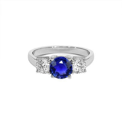 3 stenen ronde blauwe saffier diamanten ring 4 karaat griffen set goud 14K